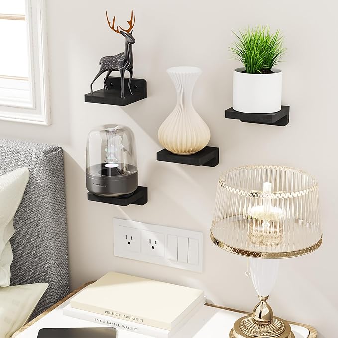 SRIWATANA Small Floating Shelves Wall Mounted, Wood Shelf for Decoration and Storage Set of 4, Mini Display Shelf for Bedroom, Bathroom, Kitchen, Office (Black, 4 inch)