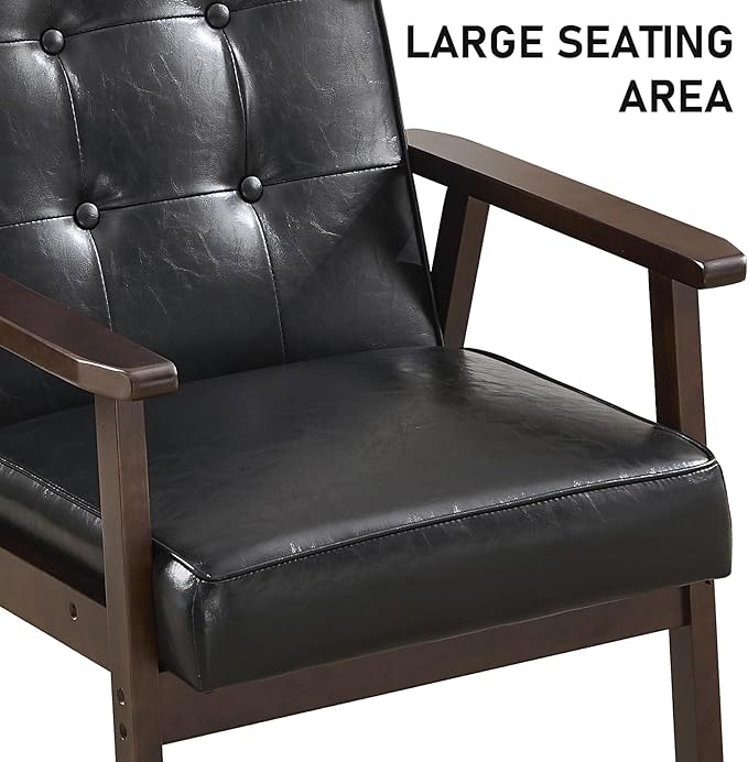 Bonzy Home Accent Chair - Faux Leather Mid Century Modern Chair for Living Room | Sturdy Solid Wood Frame Armchair, Comfy Retro Chair for Bedroom & Small Spaces, Accent Chairs, Black