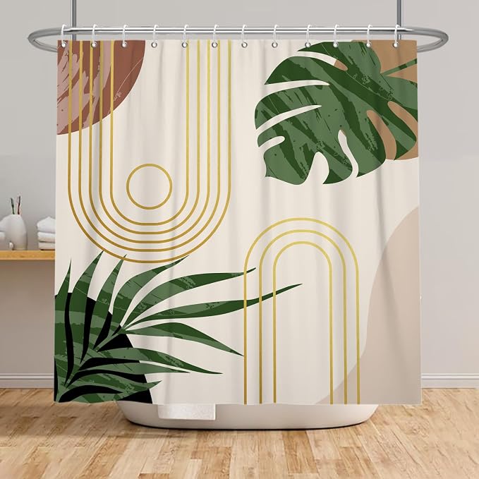 Boho Sage Green Shower Curtain Bohemian Mid Century Geometric Abstract Curve Bathroom Curtain Palm Leaf Polyester Shower Curtain Sets for Bathroom Extra Long 69x70 in with 12 Hooks