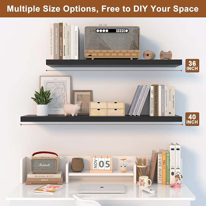 12 Inch Deep Floating Shelves, 36" W x 12" D Wood Floating Shelves for Wall, Large Storage Space Wall Mount Shelf with Invisible Brackets for Living Room Kitchen Bathroom, 1 Pack, Black