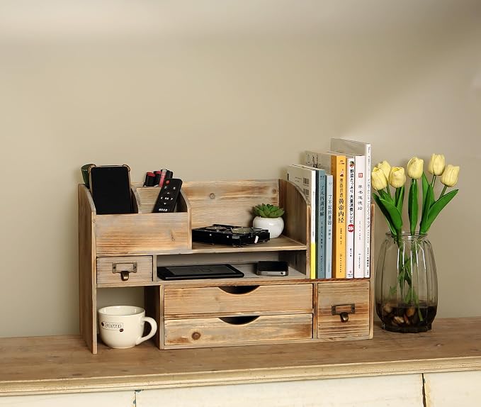 Large Adjustable Wooden Office Desk Organizer For Desktop, Tabletop, or Counter – Wood Storage Shelf Rack – For Office Supplies, Desk Accessories, or Mail - Barnwood (Vintage, Large)
