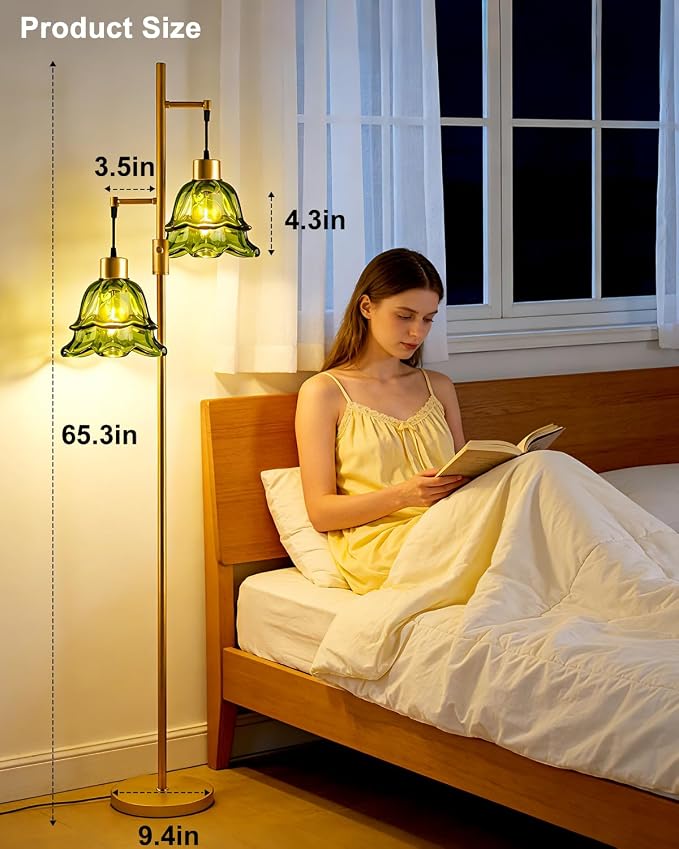 2-Light Modern Glass Floor Lamp, Gold Tall Standing Lamp with Green Tulip Glass Shade for Reading, Dimmable LED Floor Lamp with Rotary Switch for Living Room Bedroom Home Decor, Bulb Included