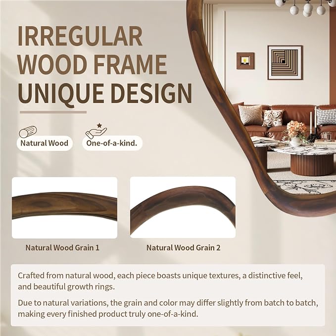 35"x24" Wood Bathroom Mirror Wall Mounted, Dark Walnut Irregular Wall Mirror, Rustic Farmhouse Vanity Mirror for Bedroom Living Room Bathroom Entryway, Horizontal/Vertical