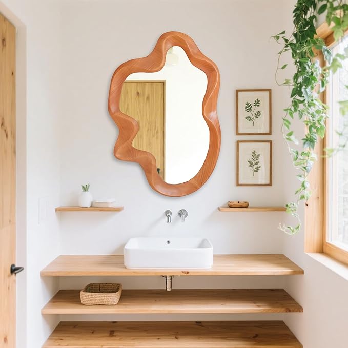 Gluck Plants Irregular Wall Mirror,Wavy Asymmetrical Wood Framed Decorative Mirror, Funky Modern Walnut Unique Large Shaped Decor Wall Mirrors for Entryway,Bedroom, Living Room;24"x36"