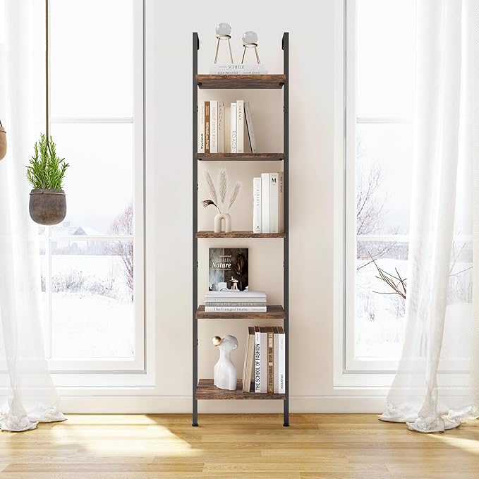 ELYKEN Ladder Shelf, 5-Tier Wood Wall Mounted Bookshelf with Metal Frame, Vintage Open Display Organizer Rack, Leaning Storage Shelves for Living Room, Bedroom, Home Office, Rustic Brown