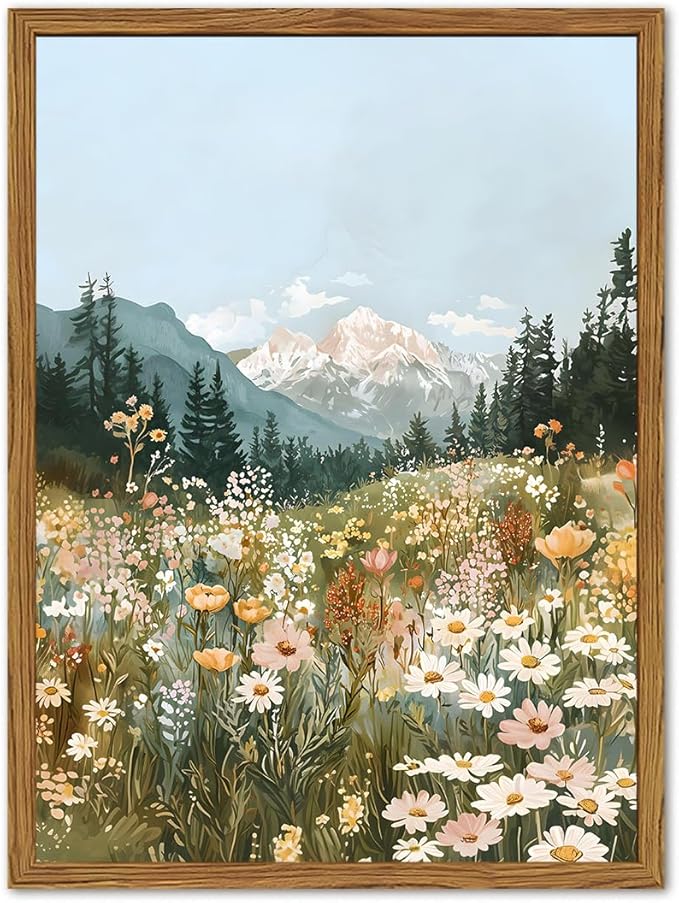 Framed Boho Landscape Wall Art, Colorful Floral Mountain Pictures Wall Decor, Vintage Wildflower Nature Paintings Canvas Prints Rustic Home Decor for Living Room Bedroom Office 16x24 inch