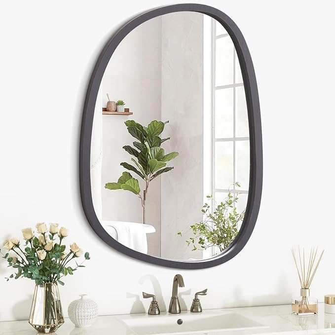 Gery Mirrors for Wall Asymmetrical Wood Frame Oval Hanging Mirror Unique Irregular Modern Mirror for Entryway Hallway Living Room Bedroom Vanity Decorative Artistic Wall Mirror