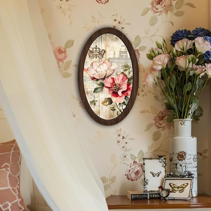 UYIKG Vintage Oval Framed Wall Art Decor,Farmhouse Floral Oval Wooden Wall Decor,Cottagecore Wooden Framed Decorations for Theme Room Home Bedroom Living Room Home Office 9x14.6 in