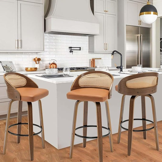 30" Swivel Rattan Bar Stools Set of 3 Mid-Century Modern Faux Leather Upholstered Bar Height Stools Kitchen Island Barstool with Rattan Low Backrest,Walnut Wood Finish Bar Chairs,Orange PU