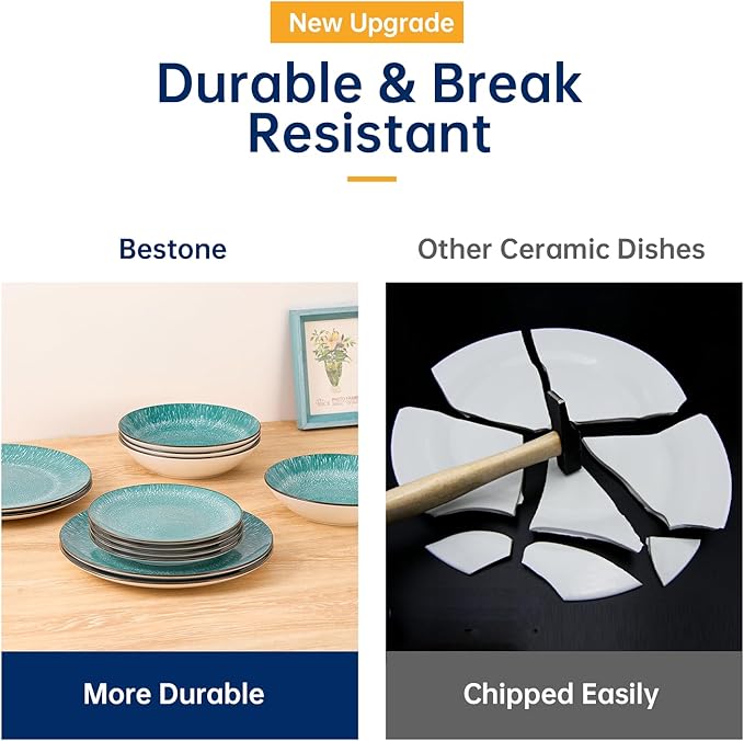 Bestone 12-Piece Round Porcelain Dinnerware Set, Service for 4, Chip Resistant Plates and Bowls,Green, Dishwasher & Microwave Safe for Home Daily Use