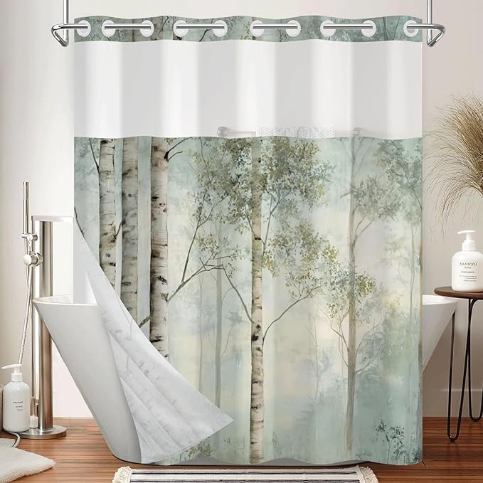 No Hook Shower Curtain and Liner Set, Birch Tree Forest Double Layer Waterproof Fabric Bath Tub Curtain for Rustic Farmhouse & Woodland Bathroom Decor, See Through Top, 71 x 74 Inch