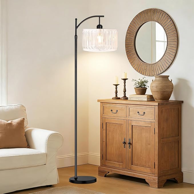 ILLMTW Arc Floor Lamp for Living Room,Bedroom,Glass Standing Lamp with Remote Dimmable,Mid Century Modern White Tall Floor Lamps Boho Black Vintage Floor Light Bohemian