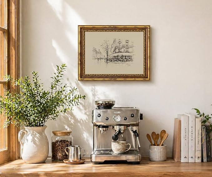 Vintage Paris Street Cafe Sketch Wall Art Print, Gold Framed European Cityscape Poster Living Room and Bedroom Decor 8x10 Inch