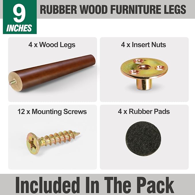 FoDau770 Brown Rubber Wood Furniture Legs 9 Inches, Slant Tapered Wood Feet Mid Century Sofa Legs Set of 4, 5/16" UNC Furniture Feet Replacement Parts for Cabinet Couch Dresser Chair Ottoman Table