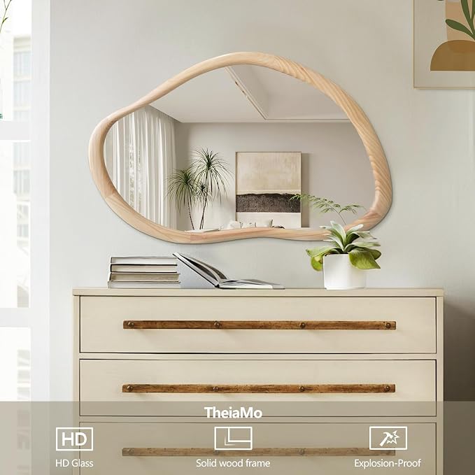 Irregular Wall Mirror with Wood Frame, 35" x 24" Natural Wood Asymmetrical Mirror, Decorative Mirrors for Bedroom Living Room Entryway Hallway Cloakroom, Shatterproof, Horizontal/Vertical