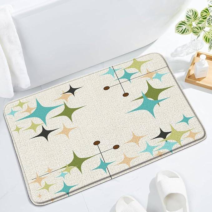 Mid Century Bath Mat Retro Atomic Stars 1950s 1960s Vintage Geometric Pattern Abstract Iconic Modern Teal Blue 15.7x23.6 Inches Indoor Outdoor Floor Rugs