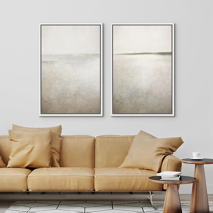 IDEA4WALL Framed Canvas Print Wall Art Set Abstract Sepia Ocean Wave Beach Landscape Nature Wilderness Illustrations Modern Art Decorative Coastal Cottage Seascape for Bedroom - 24"x36"x2 White