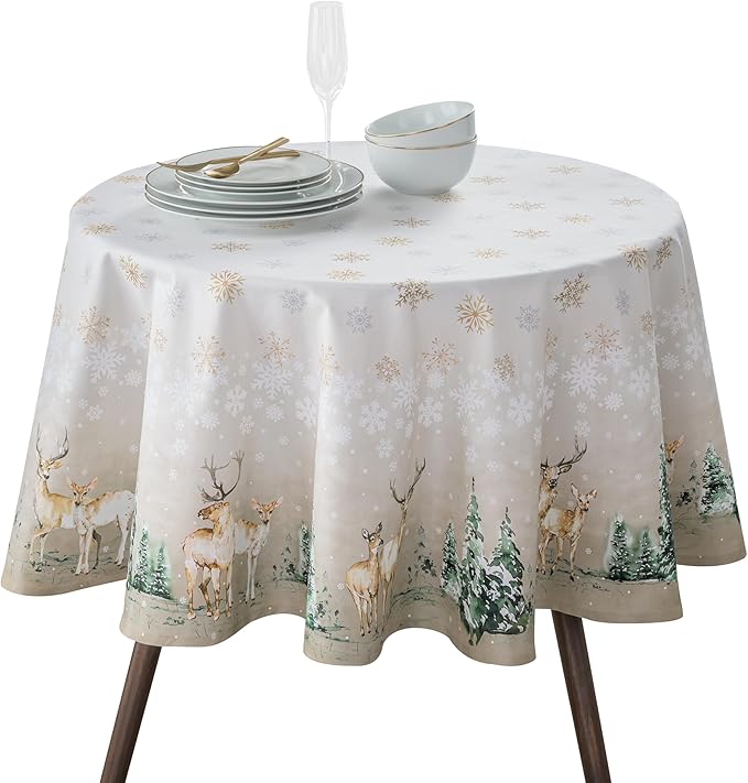 Maison d' Hermine Table Cloth Round Table 100% Cotton 69 Inches Fall Tablecloth Reusable Everyday Use for Thanksgiving Christmas Decorations Dining Farmhouse Party (Deer in The Woods)