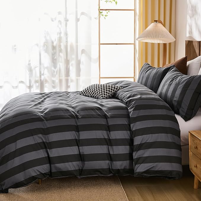 Merryword Black and Gray Striped Duvet Cover Set King Size - 100% Cotton Bedding Set with Zipper & Corner Ties, 3-Piece Luxury Linen Like Bedding Set for All Seasons