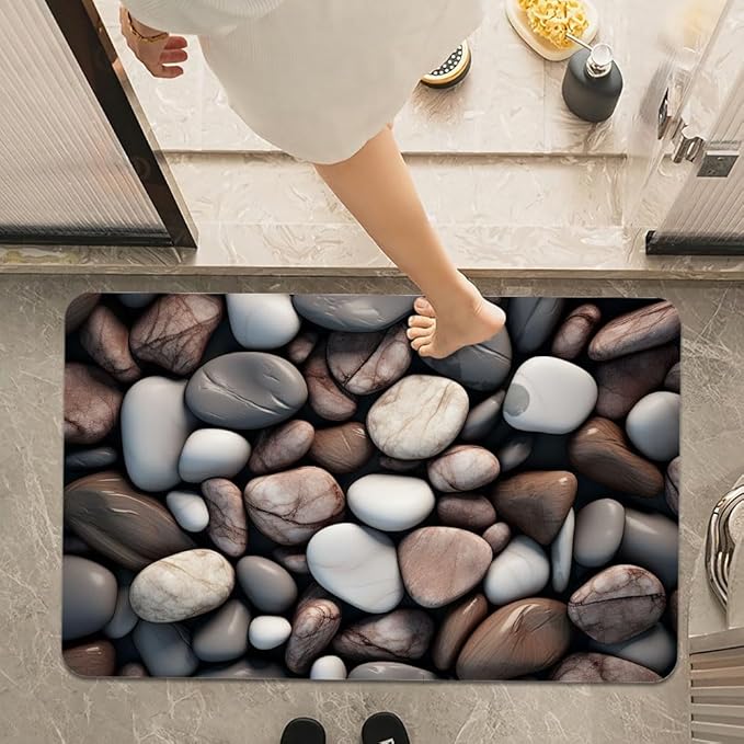 Bath Mat Rug,Rounded River Stones Non Slip Quick Dry Super Absorbent Thin Bathroom Rugs Fit Under Door-Easy to Clean Bathroom Floor Mats-Shower Rug for Shower Sink Bathtub(20" x 31"in)