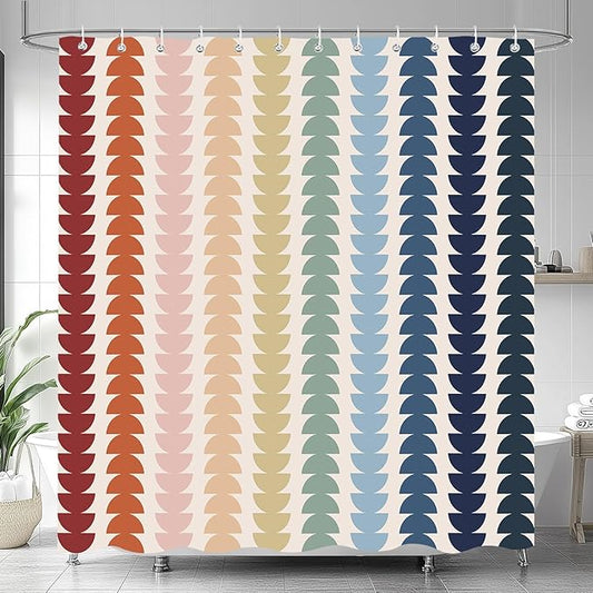 Modern Geometric Shower Curtain, Vintage Rainbow Mid-Century Abstract Art Design Bath Curtains for Bathroom, Colorful Semicircular Pattern Waterproof Polyester Fabric Bathroom Set 12 Hooks 72X84IN