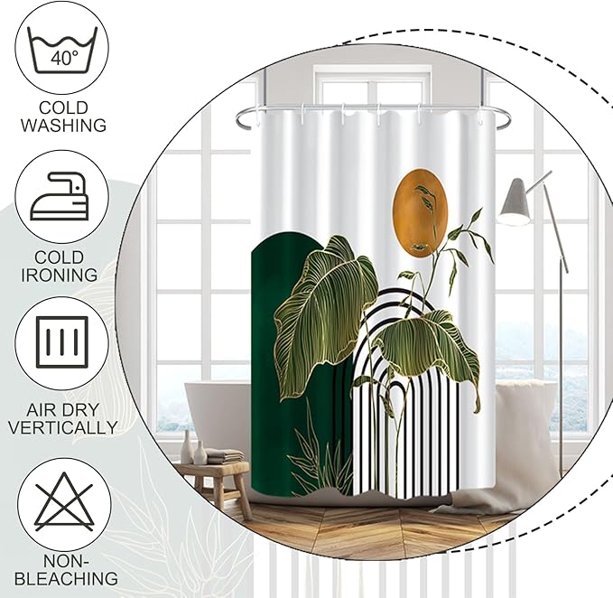 Baocicco Boho Shower Curtain Green Gold Leaves Plants Sun Modern Abstract Geometric Shower Curtains Decorative for Bathroom Waterproof Fabric Shower Curtain with Hooks 36x72 Inches