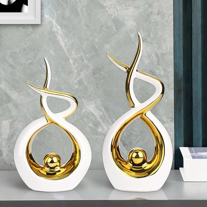Querro Modern Abstract Ceramic Statue - Elegant White & Gold Decor for Home Living Room, Dining Table Centerpiece & Office Shelf | Luxury Aesthetic Sculpture(Small)