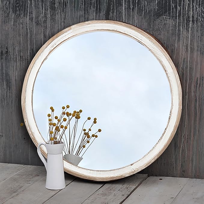 Reflinto 24 Inch Rustic Farmhouse Round Mirror for Wall Decor, | Whitewashed Wooden Circle Mirrors for Bathroom Over Sink, Bedroom, Entryway, Living Room, Kitchen, Office