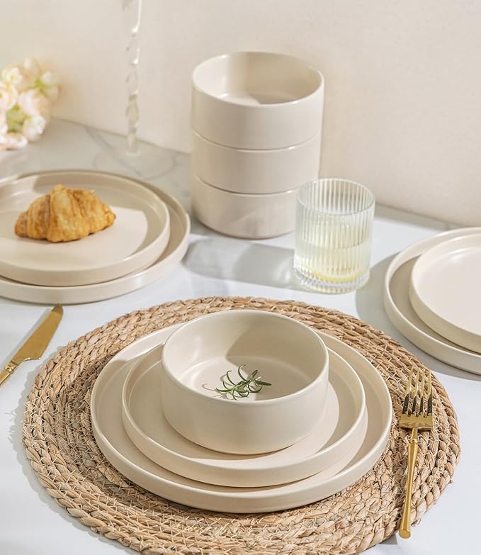 TheTerra Ceramic Dinnerware Sets for 4, 12 Pieces Handmade Reactive Glaze Plates and Bowls Set, Scratch Resistant Dish Set, Oven & Microwave & Dishwasher Safe, Ice Cream