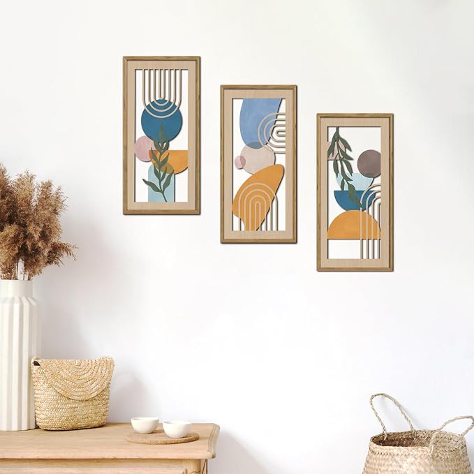 TOARTi 3PCS Boho Abstract Wooden Wall Art Mid Century Modern Wall Decor Minimalist Geometric Leaf Artwork For Living Room Decoration Mid-Century Geometric Botanical Wall Sculptures