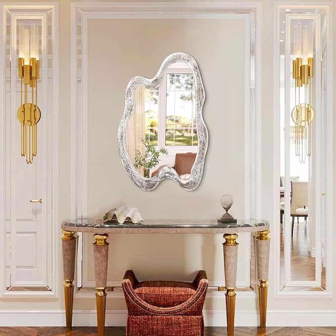 AAZZKANG Irregular Wall Mirror Wooden Large Asymmetrical 24"x16" Decorative Hanging Mirrors for Bedroom Dressing Room Living Room Bathroom Entryway White