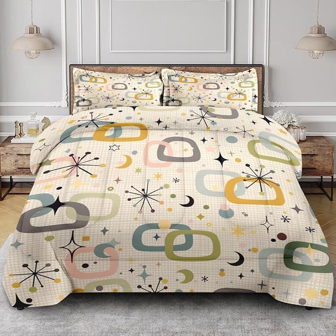 Retro Mid Century King Comforter Set, Atomic Starburst Modern Bedding Set 3 Piece, All Season Soft Children Adults Bedroom Bed Decoration Comforter and 2 Pillow Shams