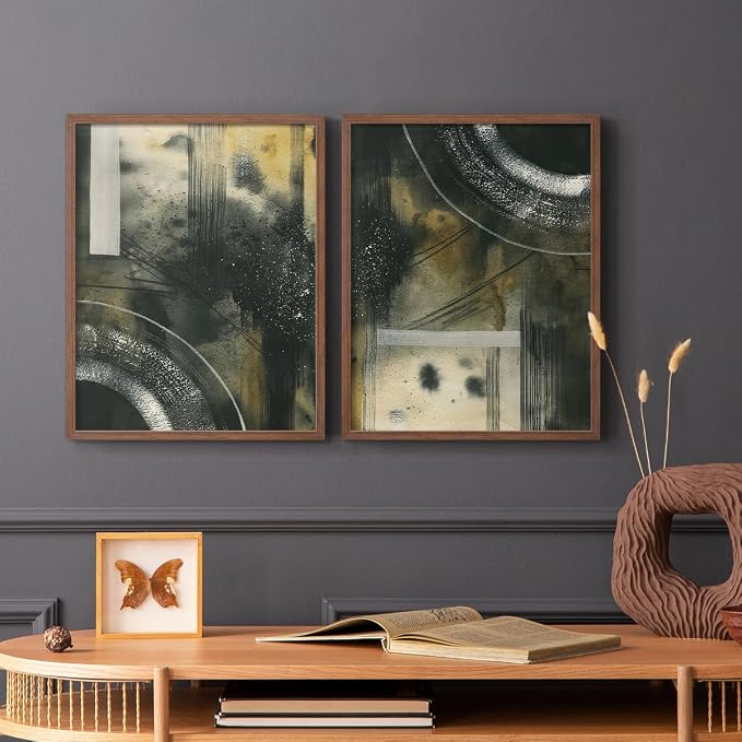 Renditions Gallery Set of 2 Peel & Stick Framed Prints, Moody Abstract Wall Art, Circular and Splattered Effects Wall Decor, Re-Stickable - Ready to Hang - 16"x20" - Walnut Frame LT588