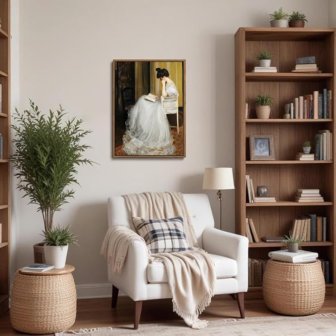 WALLZK Vintage Framed Wall Art Lady Reading Canvas Prints Victorian Women Portrait Decor Pictures Artwork for Walls Living Room Study Bedroom Bathroom 16"x24"