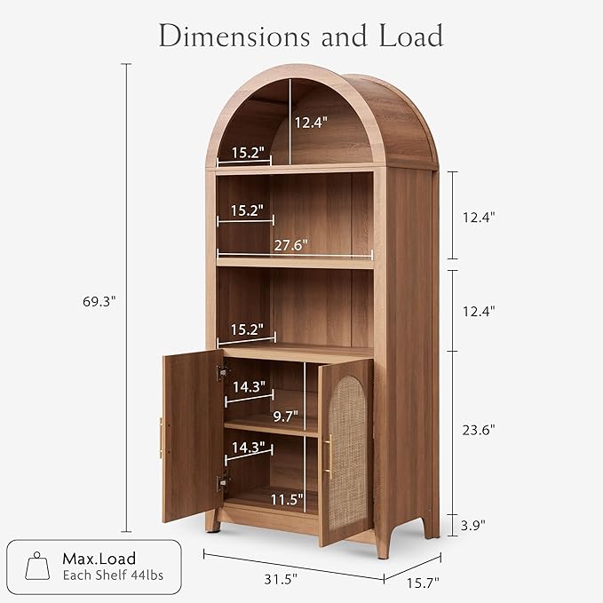 RowyPoey Rattan Arched Cabinet Bookshelf - 69.3” Tall Mid Century Display Cabinet, Rounded Bookcase with Rattan Doors, Open Shelf Storage for Dining Room (Caramel Oak, 2 PCS)