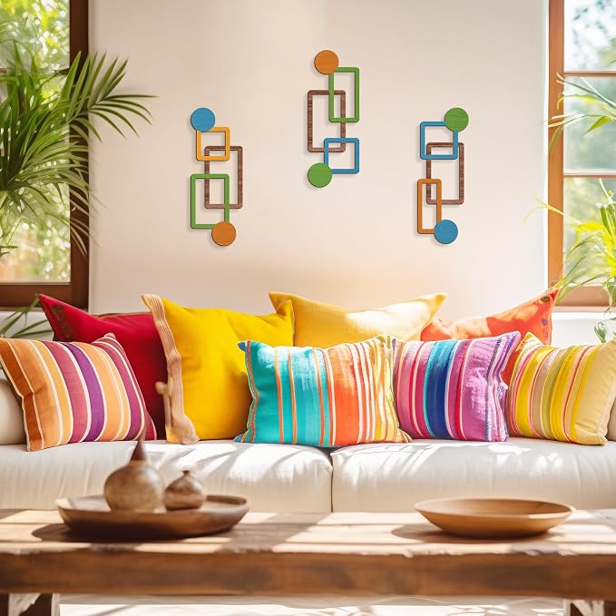 Abstract Wooden Wall Decor, Vertical Linked Geometry Design, Modern Wood Wall Art with HD UV Print, No Assembly Required