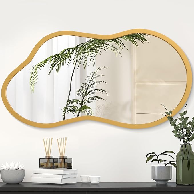 AAZZKANG Large Wall Mirror with Wood Framed 22"x12" Gold Irregular Hanging Mirrors Asymmetrical for Bathroom Bedroom Living Room Entryway