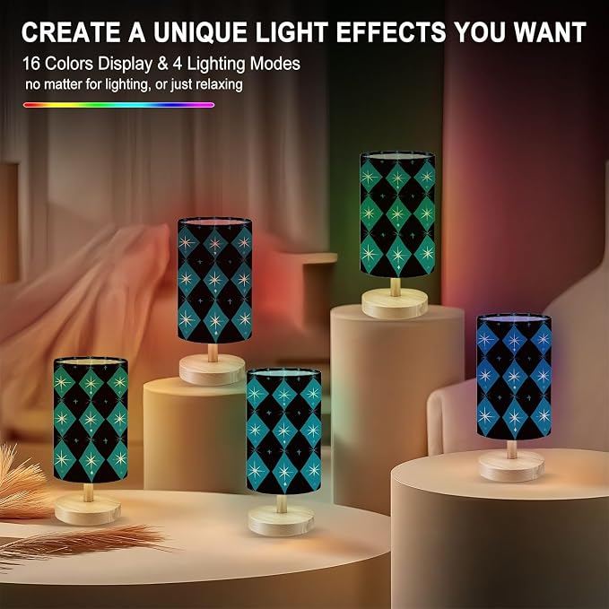Bedside Table Lamp Atomic era diamond seamless pattern starbursts Mid century inspired 16-Way Dimmable Small Desk Lamp with Round Flaxen Fabric Shade for Nightstand Bedroom Living Room Home Decor