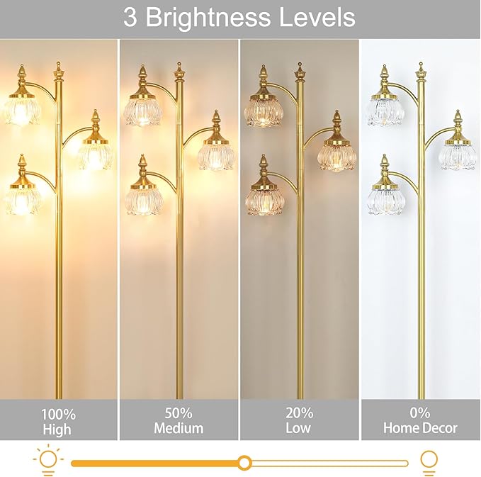 JUNNAI Floor Lamp Gold Glass Brass 66.5in Tall Standing Lamp for Living Room with 3 Brightness Lights Vintage Tree Flower Lamp for Bedroom Office(3LED Bulbs Included)