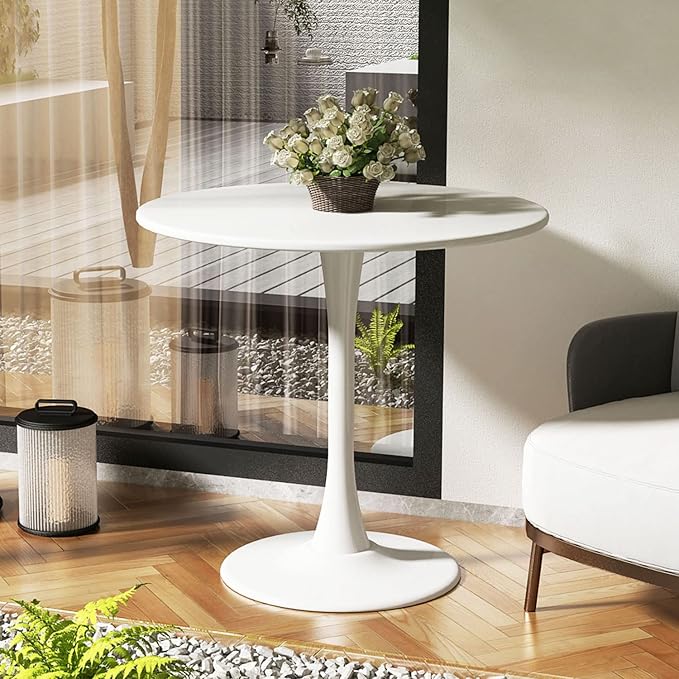 Round Dining Table 31.5" Circle Tulip Table with Wood Thickened Tabletop & Sturdy Metal Pedestal Mid Century Modern Leisure Bistro Kitchen Tables 4 People Small Places Living Room Cafe,White