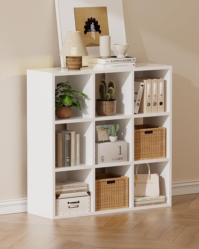 GTPLAYER 9-Cube Storage Organizer, Fits 11" Bins, Vertical or Horizontal Use, Opening Bookshelf, Partial Back Panels, Stackable Design Bookcase, for Closet, Bedroom, White