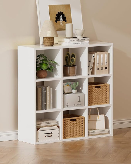 GTPLAYER 9-Cube Storage Organizer, Fits 11" Bins, Vertical or Horizontal Use, Opening Bookshelf, Partial Back Panels, Stackable Design Bookcase, for Closet, Bedroom, White