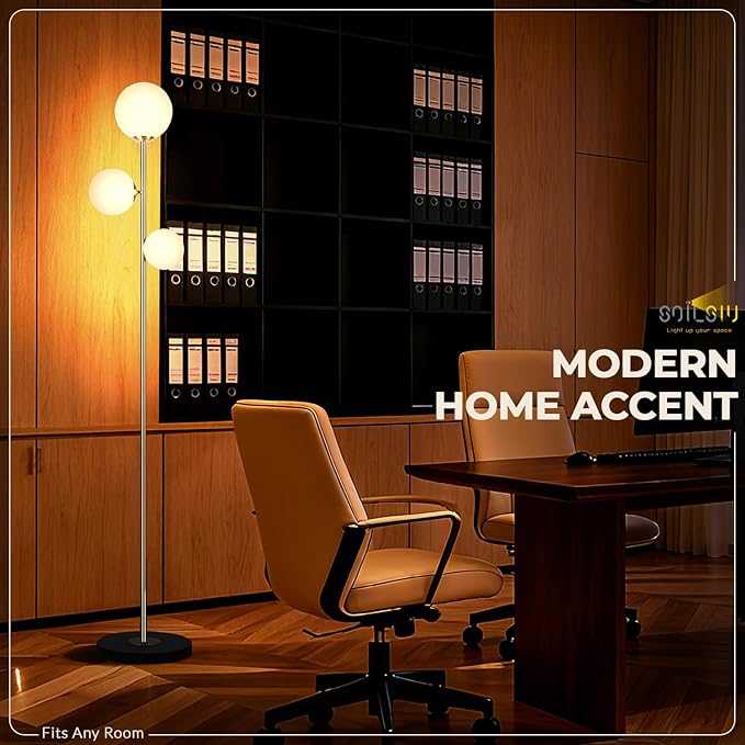 3 Globe Floor Lamp - Mid Century Modern Standing Light with 3 Color Temperatures, LED Bulbs, Frosted Glass Shades for Living Room (Gold)