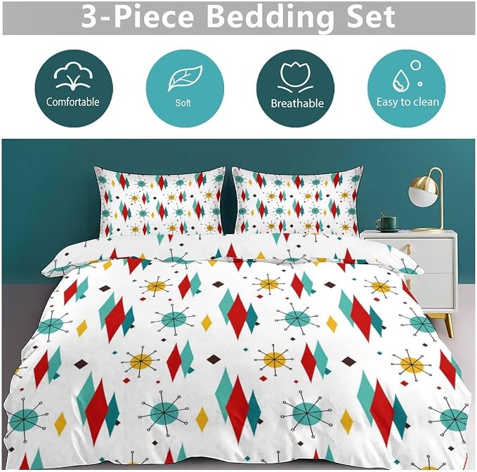 Mid Century Bedding Set,1950s 1960s Vintage Modern Geometric Abstract Atomic Stars Geometric Diamond Pattern Comforter Set with Pillowcase for Bedroom Bed Decor,Queen 90"x90"