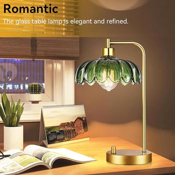 Glass Table Lamp Set of 2,Small Gold Bedside Lamps Dimmable Boho Bedroom Lamp with Tulip Flower Green Lamp Shade,Vintage Mid Century Modern Mini Nightstand Lamp for Bedroom Living Room
