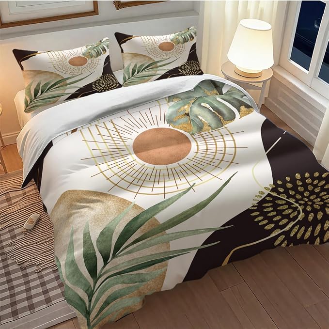 Boho Sunrise Bedding Set,Mid Century Aesthetic Tropical Palm Leaves Abstract Minimalist Comforter Set with Pillowcase for Bedroom Bed Decor，Twin 86"x70"