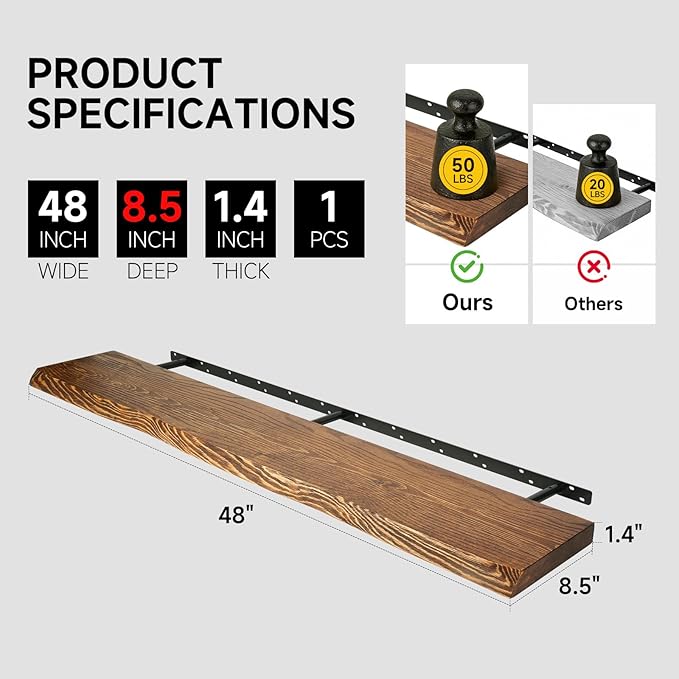 48 Inch Wooden Floating Shelves for Wall, Finnish Spruce Solid Wood Shelf, Natural Wood Floating Shelves for Living Room, Bathroom, Bedroom, Kitchen, Brown Finish