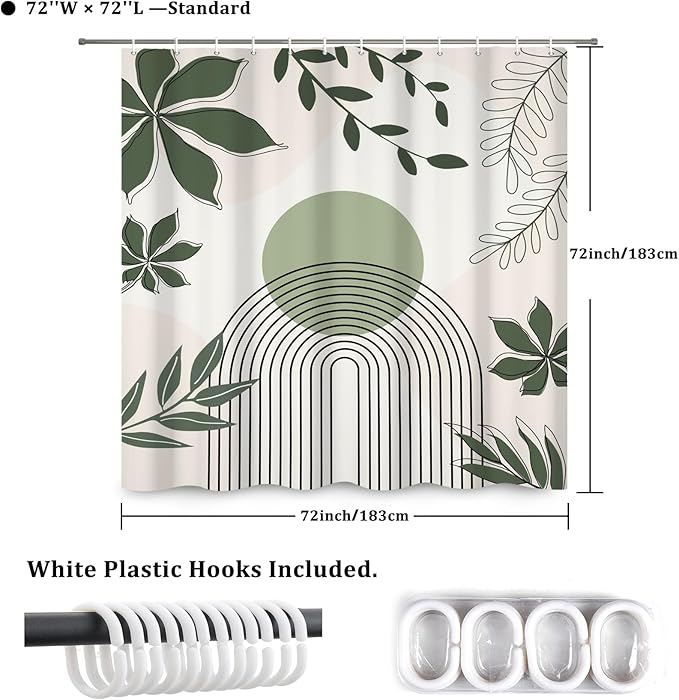 Boho Shower Curtain Modern Abstract Green Leaves Sun Bathroom Curtain Minimalist Geometric Arch Nature Fresh Decor Shower Curtain Waterproof Fabric with Hooks 72x72