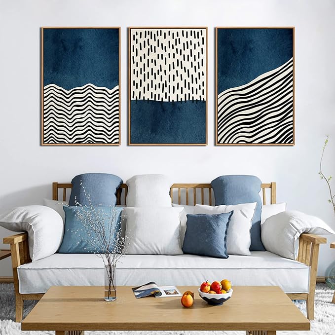Framed Wall Art Canvas Set Mid Century Boho Picture Modern Abstract Geometric Lines Wall Decor Minimalist Black Indigo Canvas Painting Artwork Living Room Bedroom Home Office 16"x24"x3 Natural