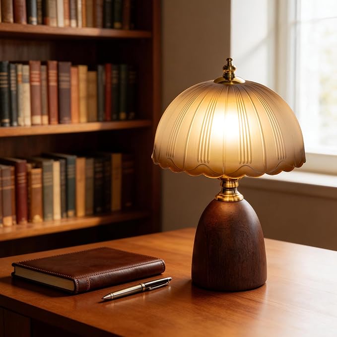 13“ Mid-Century Modern Amber Small Table Lamp, Vintage Scalloped Gradient Glass Bedside Lamp for Bedroom Living Room, Solid Walnut Wood Style Base 3-Color Dimmable LED, Aesthetic Decor Gift